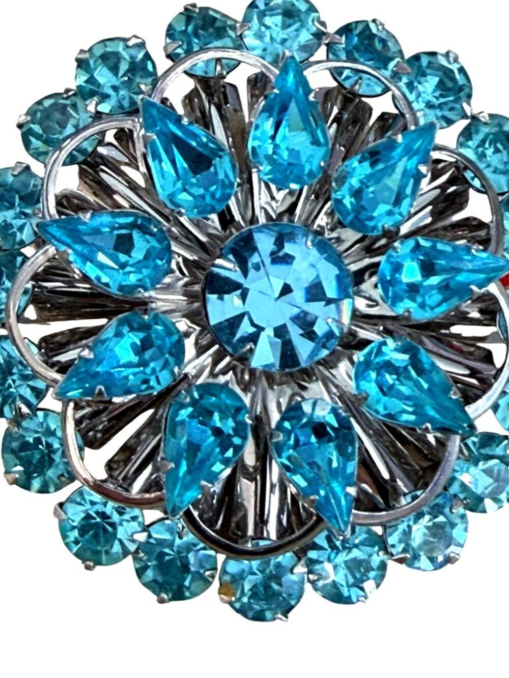 Vintage Blue Rhinestone Flower Brooch Pin Silver-Tone MCM Sparkling 2" - Picture 5 of 6